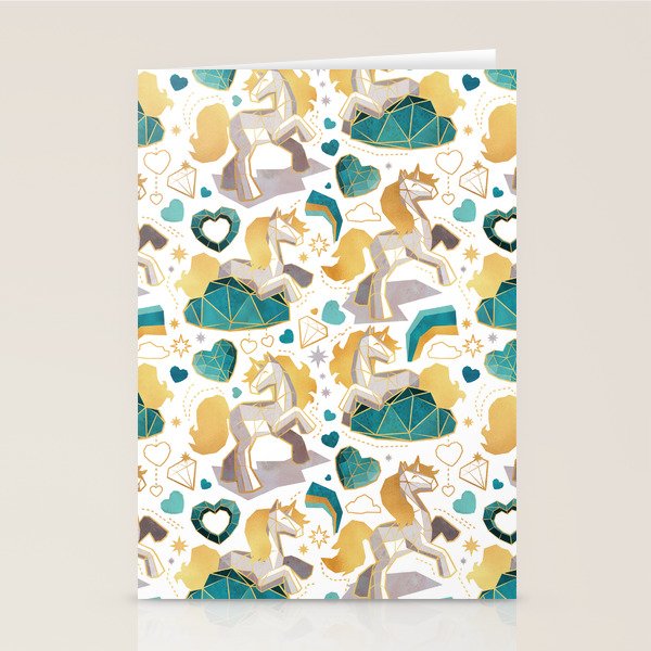 Kicking off some magic // white background white and grey unicorns aqua and mint hearts clouds and rainbows golden lines Stationery Card Gallery Image 1