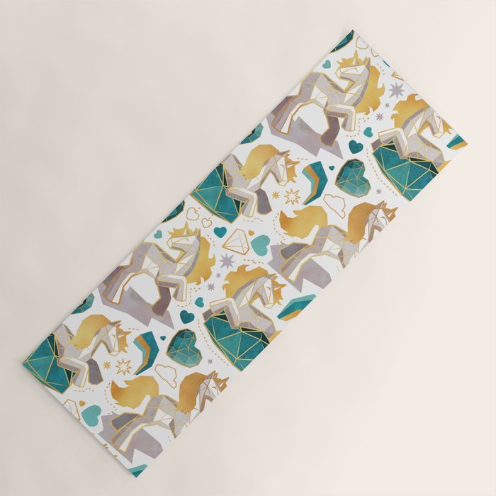 Kicking off some magic // white background white and grey unicorns aqua and mint hearts clouds and rainbows golden lines Yoga Mat Gallery Image 1