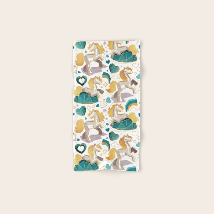 Kicking off some magic // white background white and grey unicorns aqua and mint hearts clouds and rainbows golden lines Bath Towel Gallery Image 1