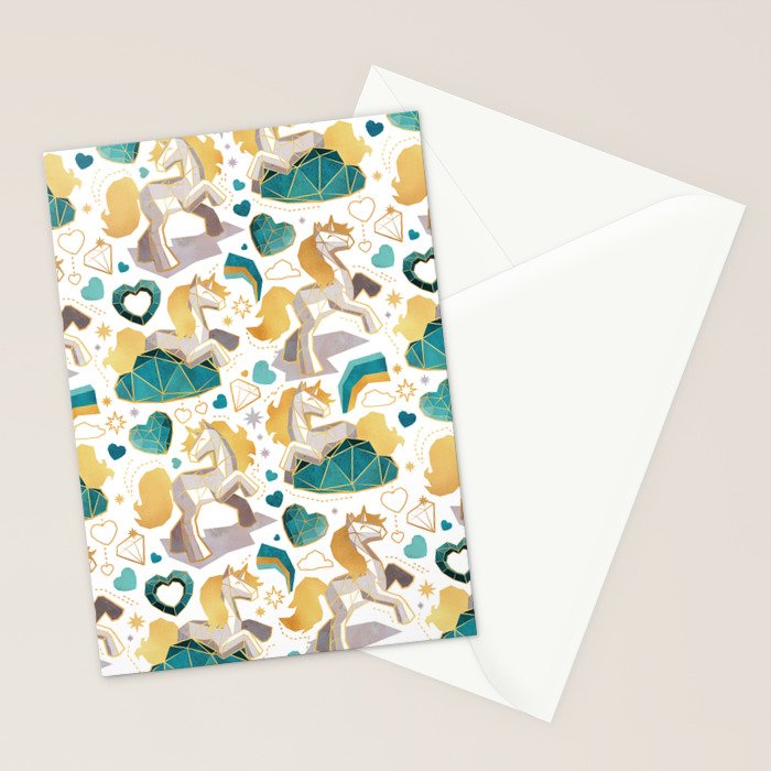 Kicking off some magic // white background white and grey unicorns aqua and mint hearts clouds and rainbows golden lines Stationery Card Gallery Image 2