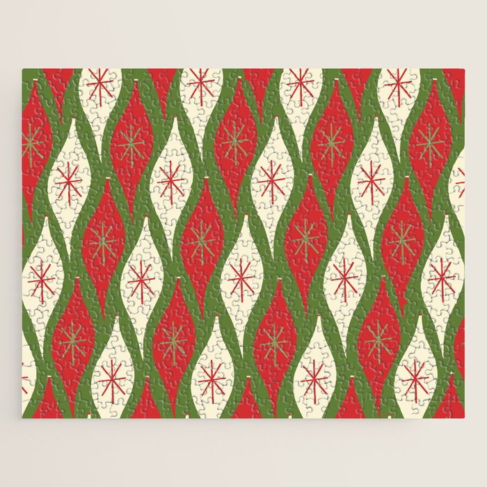Retro Christmas Ornaments Pattern Green Red Cream Jigsaw Puzzle Gallery Image 1