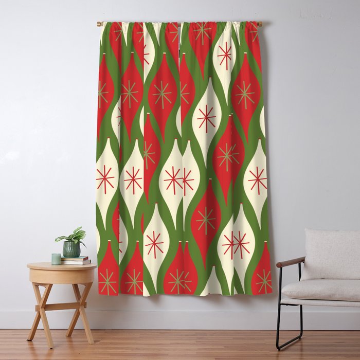 Retro Christmas Ornaments Pattern Green Red Cream Window Curtain Gallery Image 1
