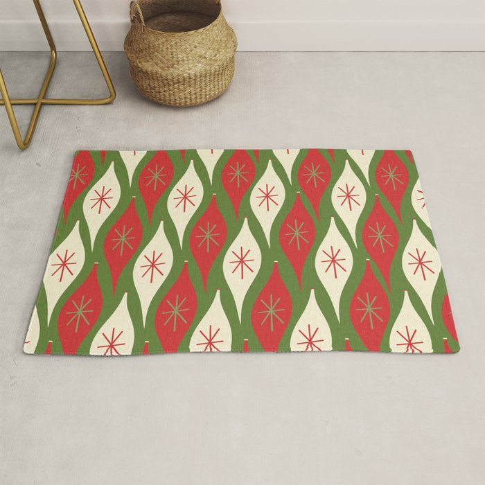 Retro Christmas Ornaments Pattern Green Red Cream Rug Gallery Image 1