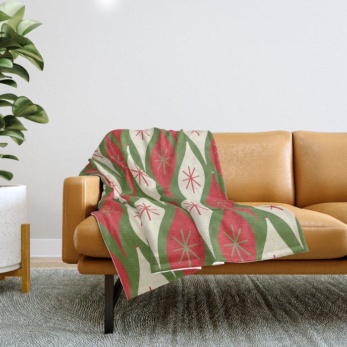 Retro Christmas Ornaments Pattern Green Red Cream Throw Blanket Gallery Image 1