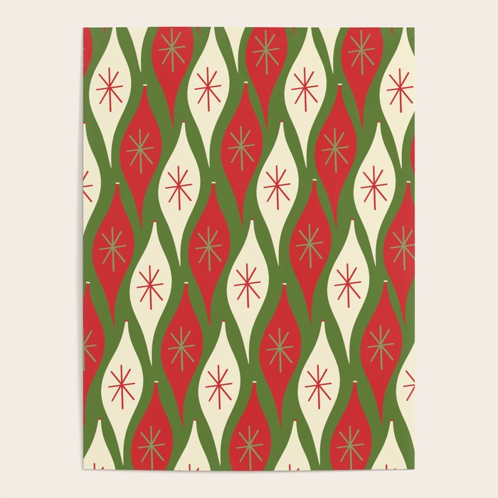 Retro Christmas Ornaments Pattern Green Red Cream Poster Gallery Image 1