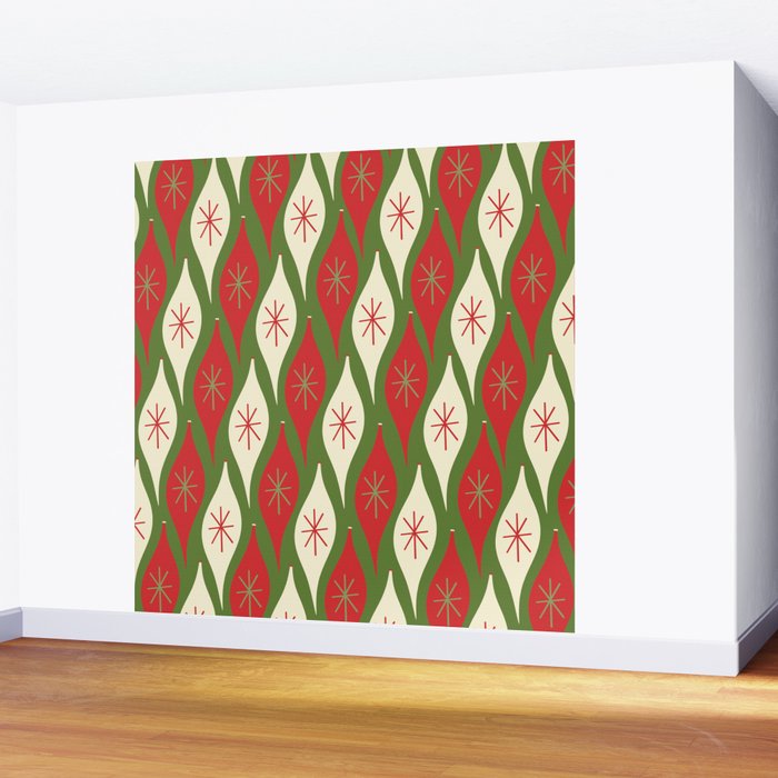 Retro Christmas Ornaments Pattern Green Red Cream Wall Mural Gallery Image 2