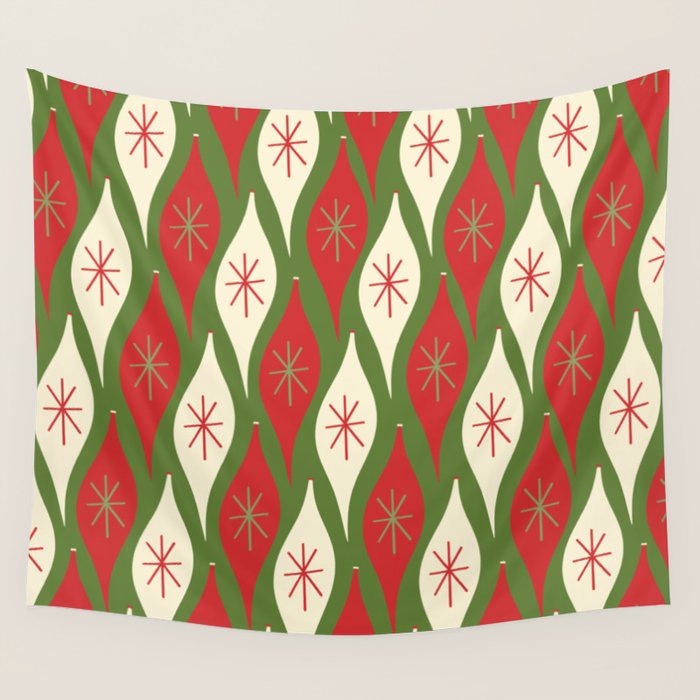 Retro Christmas Ornaments Pattern Green Red Cream Wall Tapestry Gallery Image 4