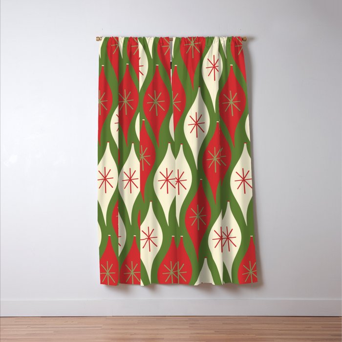 Retro Christmas Ornaments Pattern Green Red Cream Window Curtain Gallery Image 3