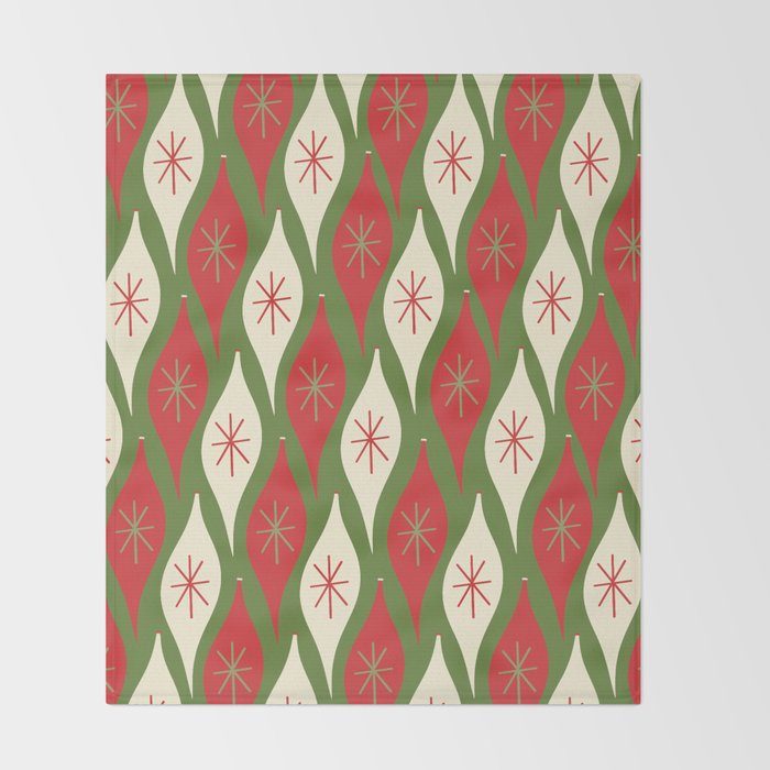 Retro Christmas Ornaments Pattern Green Red Cream Throw Blanket Gallery Image 2