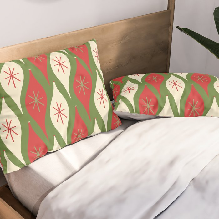 Retro Christmas Ornaments Pattern Green Red Cream Pillow Sham Gallery Image 2