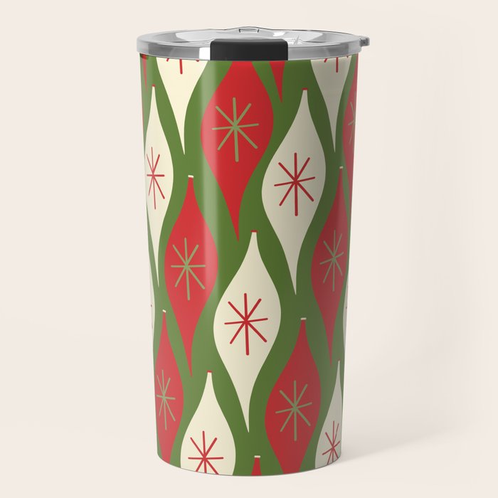 Retro Christmas Ornaments Pattern Green Red Cream Travel Mug Gallery Image 1