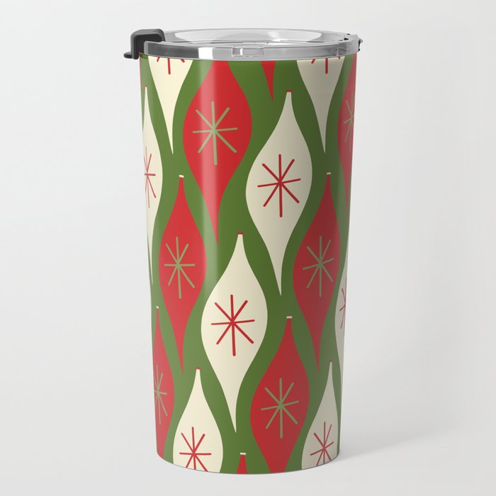 Retro Christmas Ornaments Pattern Green Red Cream Travel Mug Gallery Image 3