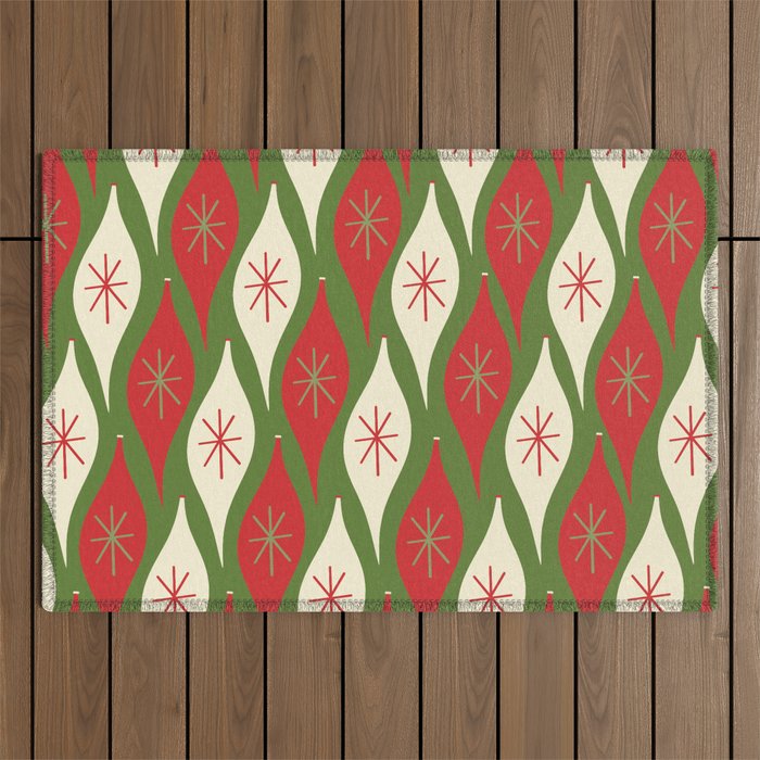 Retro Christmas Ornaments Pattern Green Red Cream Outdoor Rug Gallery Image 1