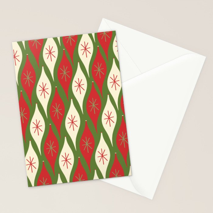 Retro Christmas Ornaments Pattern Green Red Cream Stationery Card Gallery Image 2