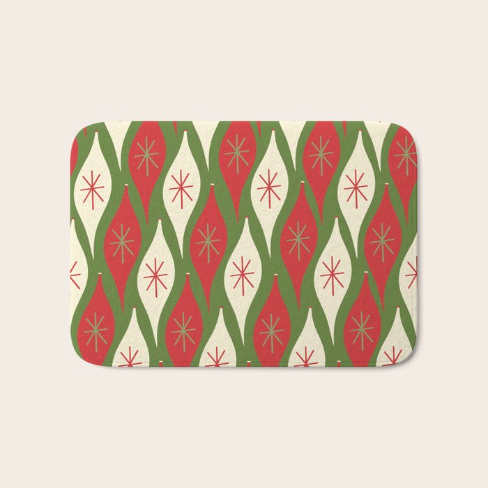 Retro Christmas Ornaments Pattern Green Red Cream Bath Mat Gallery Image 1
