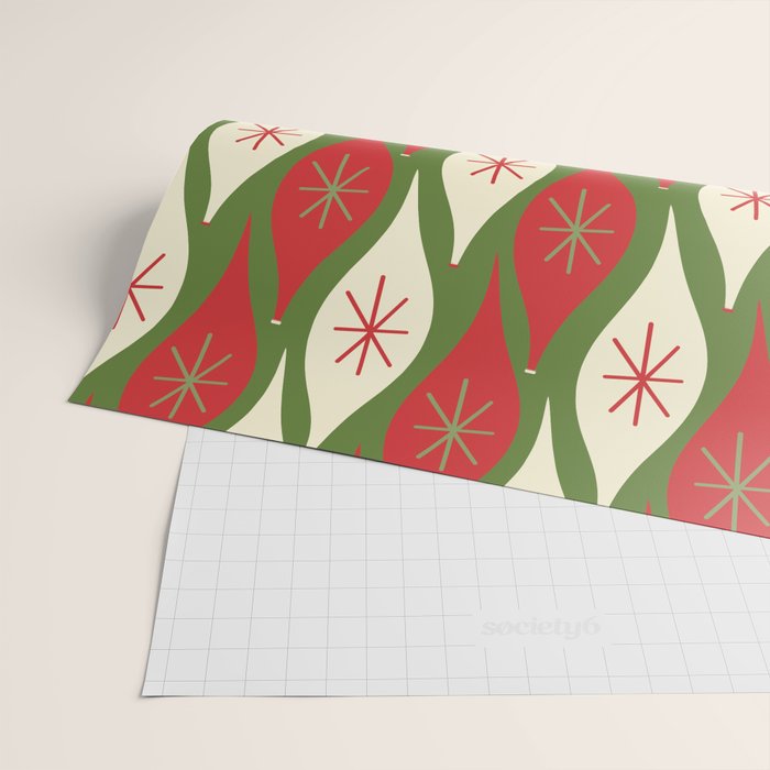 Retro Christmas Ornaments Pattern Green Red Cream Wrapping Paper Gallery Image 2