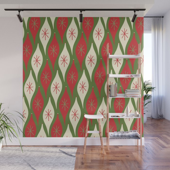 Retro Christmas Ornaments Pattern Green Red Cream Wall Mural Gallery Image 1