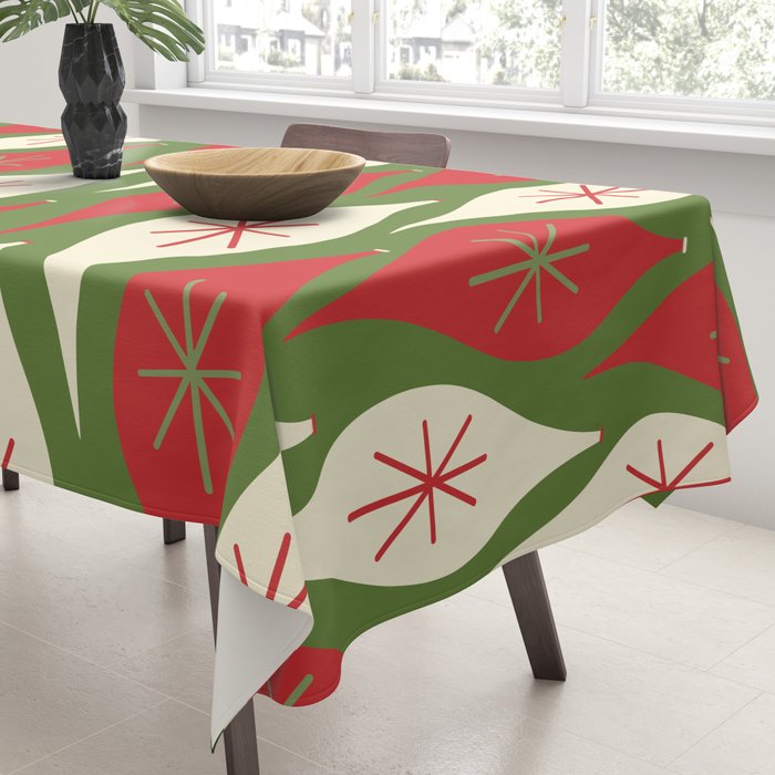 Retro Christmas Ornaments Pattern Green Red Cream Tablecloth Gallery Image 3