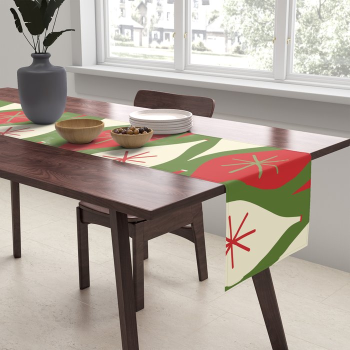 Retro Christmas Ornaments Pattern Green Red Cream Table Runner Gallery Image 2