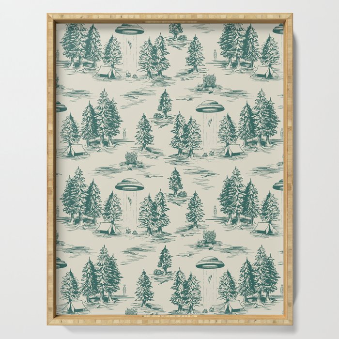 Teal Alien Abduction Toile De Jouy Pattern Serving Tray Gallery Image 1