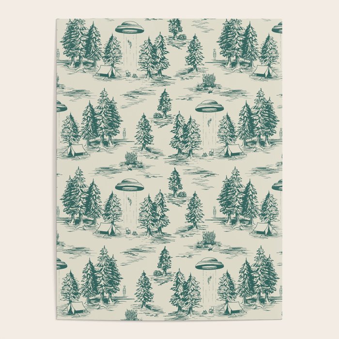 Teal Alien Abduction Toile De Jouy Pattern Poster Gallery Image 4