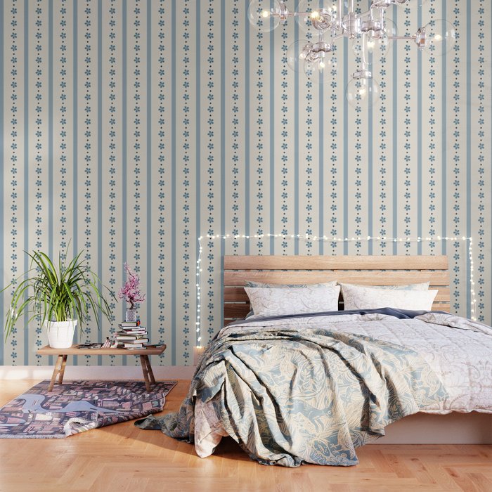 Blue And Cream Stripes And Flowers Wallpaper Gallery Image 3