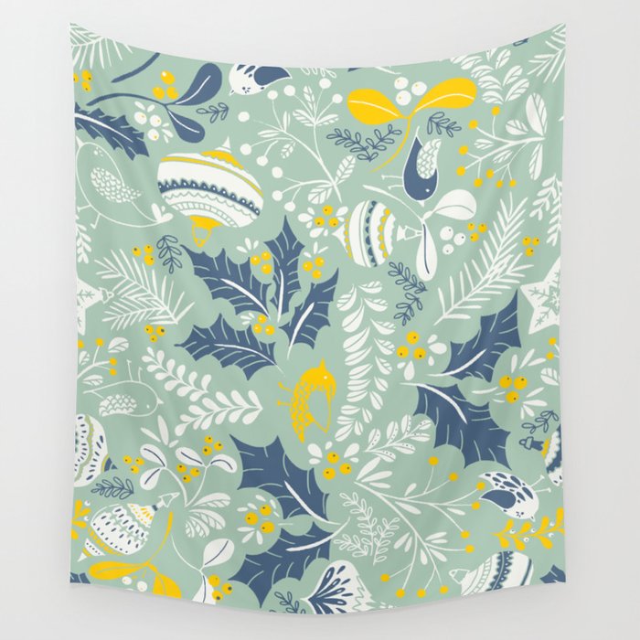 Wonderful ditsy holiday joy mint Wall Tapestry Gallery Image 1