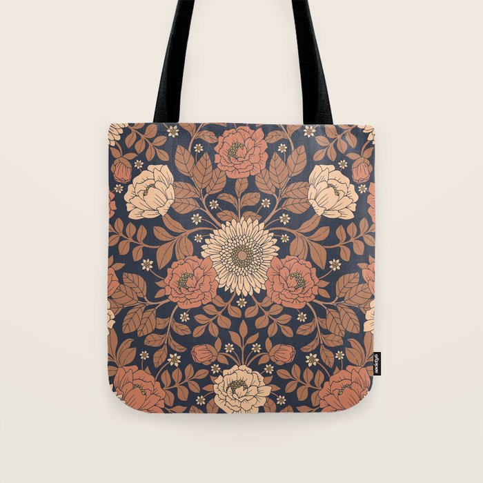 Peach, Dusty Rose, Mauve & Blue-Gray Floral Pattern Tote Bag Gallery Image 1