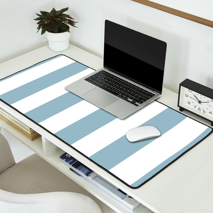 Large Baby Blue and White Vertical Cabana Tent Stripes Desk Mat Gallery Image 2