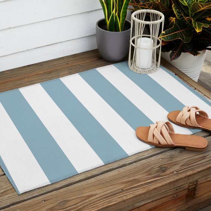 Large Baby Blue and White Vertical Cabana Tent Stripes Outdoor Rug Gallery Image 2