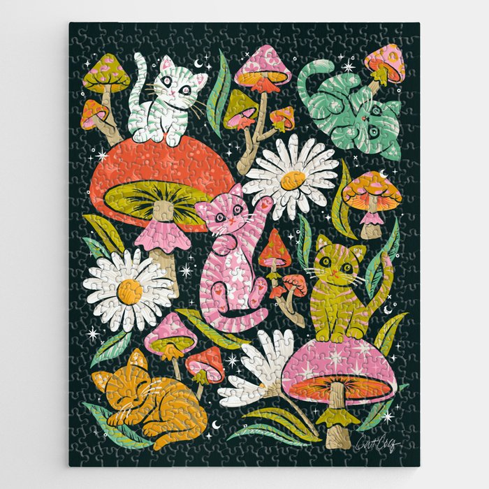 Kittens & Shrooms - Rainbow on Teal Jigsaw Puzzle Gallery Image 1