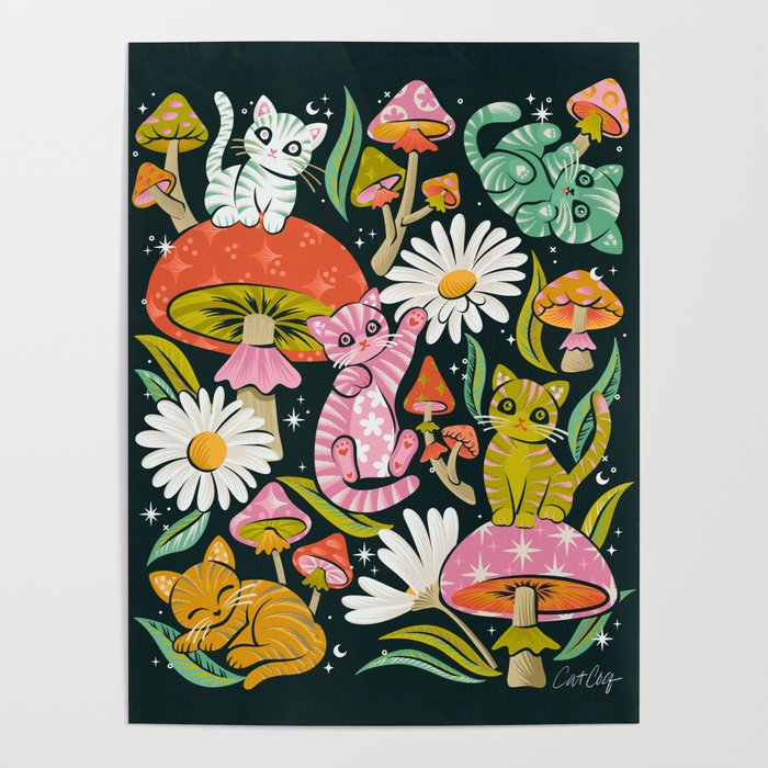 Kittens & Shrooms - Rainbow on Teal Poster Gallery Image 4