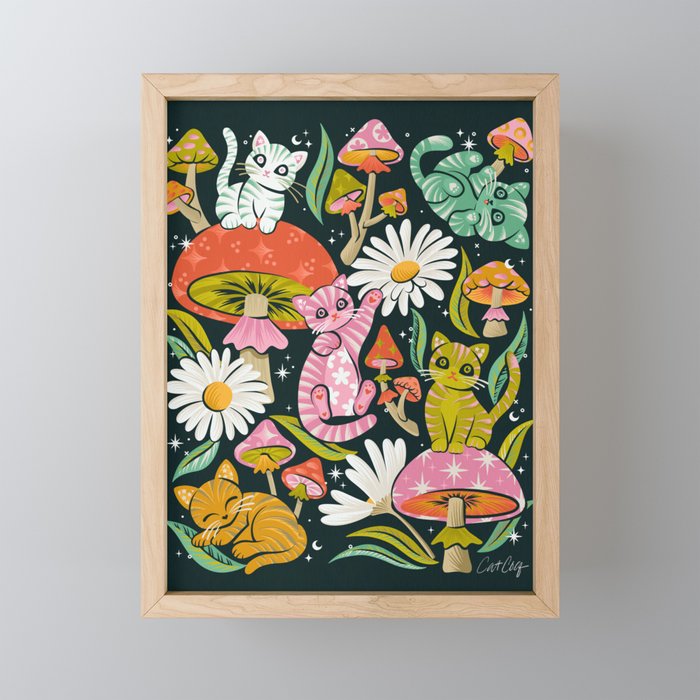 Kittens & Shrooms - Rainbow on Teal Mini Art Print Gallery Image 1