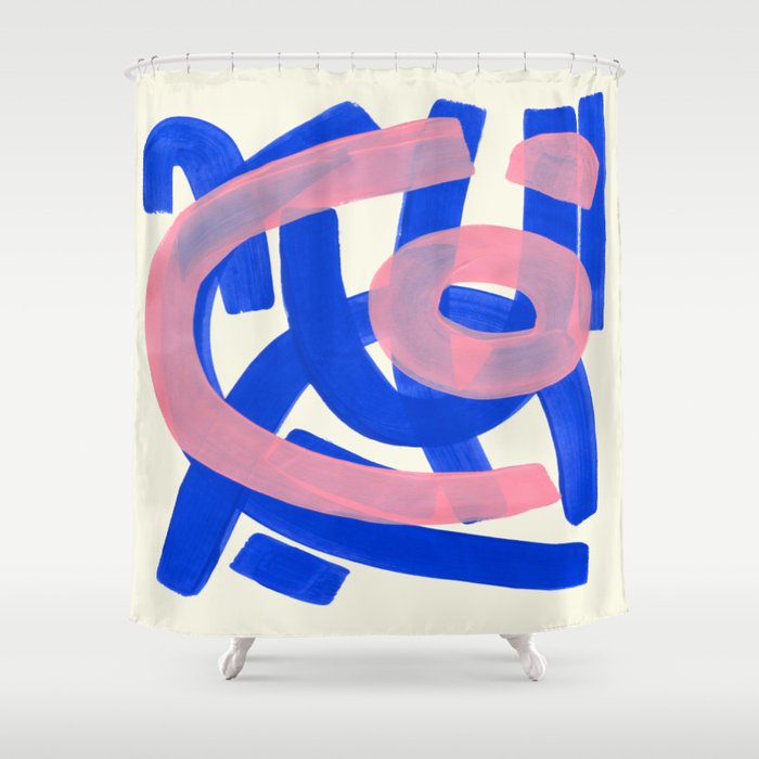 Tribal Pink Blue Fun Colorful Mid Century Modern Abstract Painting Shapes Pattern Shower Curtain Gallery Image 1
