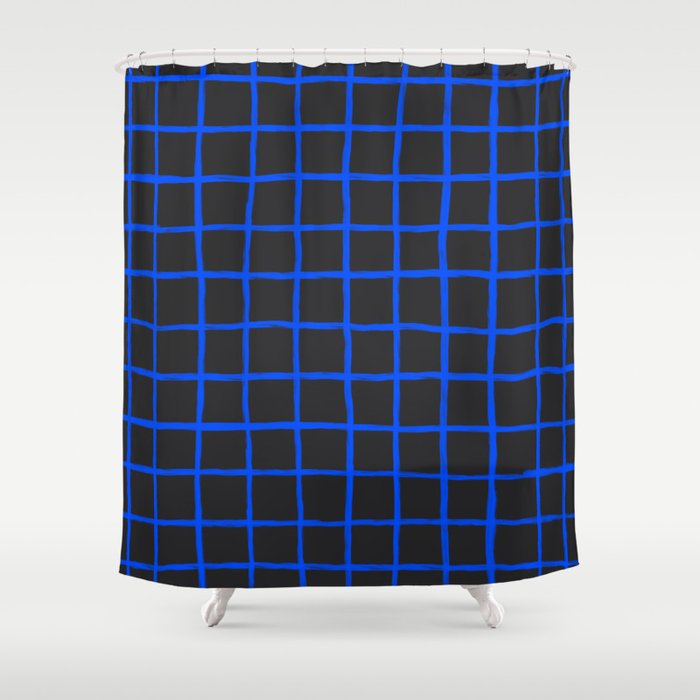 Cobalt Blue Grid over Charcoal Black Shower Curtain Gallery Image 1