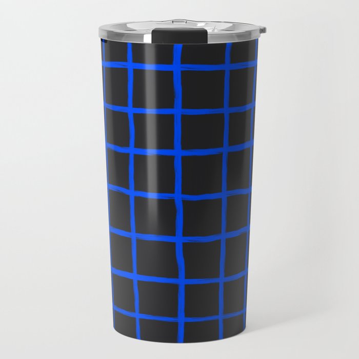 Cobalt Blue Grid over Charcoal Black Travel Mug Gallery Image 1