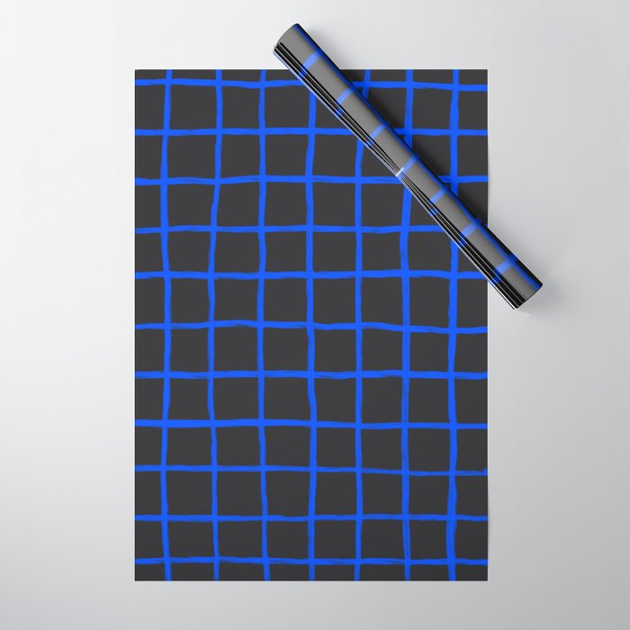 Cobalt Blue Grid over Charcoal Black Wrapping Paper Gallery Image 1