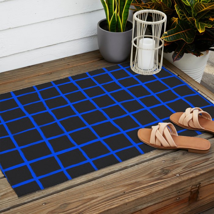 Cobalt Blue Grid over Charcoal Black Outdoor Rug Gallery Image 2