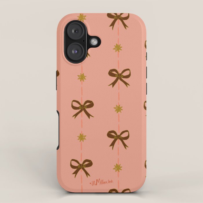 Cute Hair Bows & Stars in Peach & Brown iPhone Case Gallery Image 1