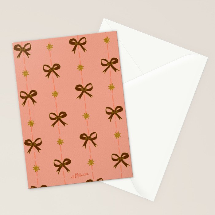 Cute Hair Bows & Stars in Peach & Brown Stationery Card Gallery Image 2