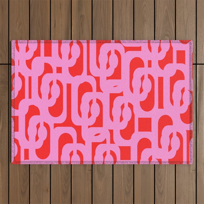 Preppy Pink and Red Mid Century Modern Loop Pattern Outdoor Rug Gallery Image 1