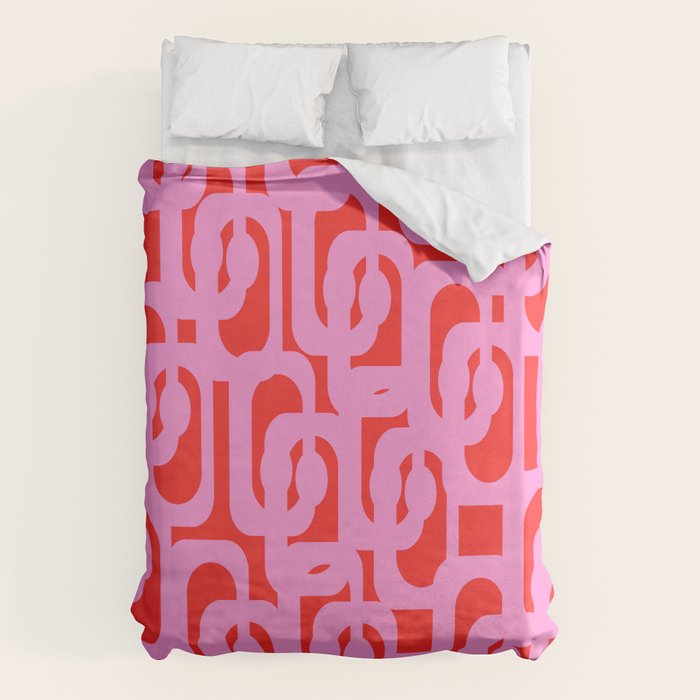 Preppy Pink and Red Mid Century Modern Loop Pattern Duvet Cover Gallery Image 1