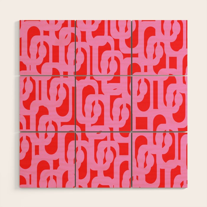 Preppy Pink and Red Mid Century Modern Loop Pattern Wood Wall Art Gallery Image 1