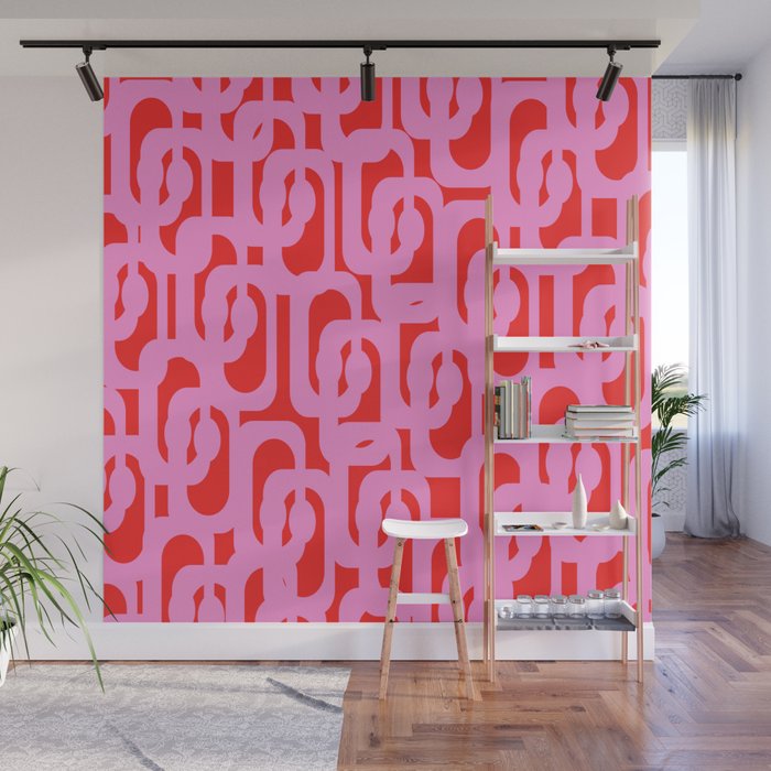 Preppy Pink and Red Mid Century Modern Loop Pattern Wall Mural Gallery Image 1