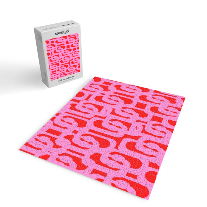 Preppy Pink and Red Mid Century Modern Loop Pattern Jigsaw Puzzle Gallery Image 2