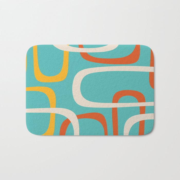 Fine Loops Mid-Century Modern Minimalist Turquoise Teal, Orange, Mustard, and Cream  Bath Mat Gallery Image 1