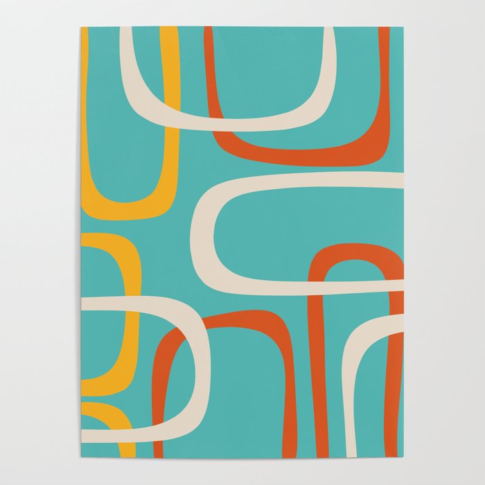 Fine Loops Mid-Century Modern Minimalist Turquoise Teal, Orange, Mustard, and Cream  Poster Gallery Image 4