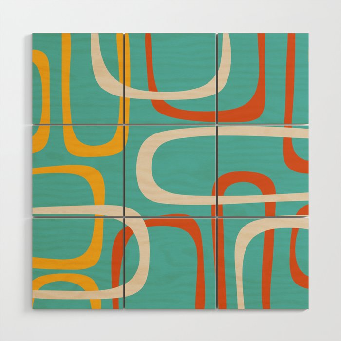 Fine Loops Mid-Century Modern Minimalist Turquoise Teal, Orange, Mustard, and Cream  Wood Wall Art Gallery Image 1