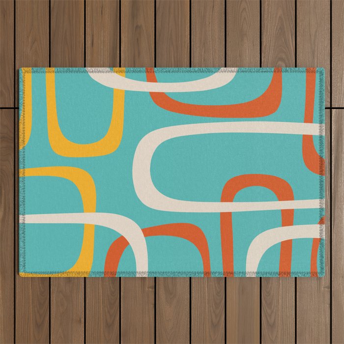 Fine Loops Mid-Century Modern Minimalist Turquoise Teal, Orange, Mustard, and Cream  Outdoor Rug Gallery Image 1