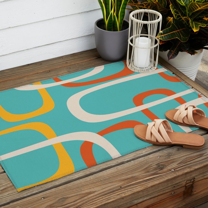 Fine Loops Mid-Century Modern Minimalist Turquoise Teal, Orange, Mustard, and Cream  Outdoor Rug Gallery Image 2